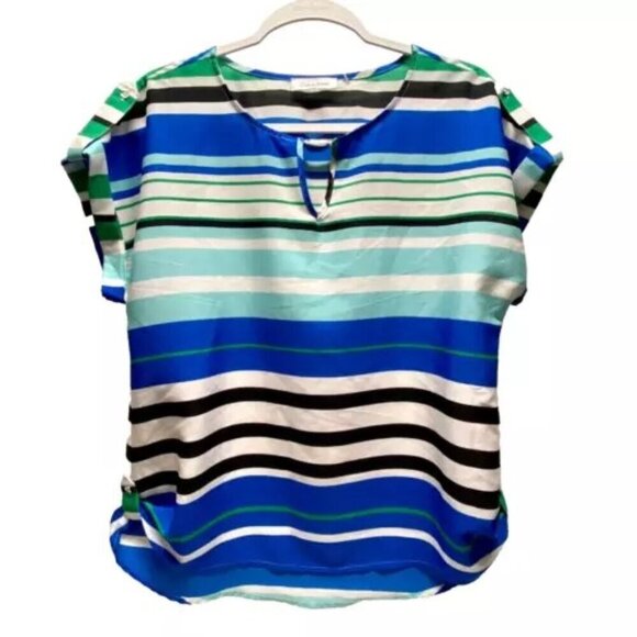 Calvin Klein Women's Short Sleeve V-Neck Blouse Medium Striped Nautical GUC - Picture 1 of 14